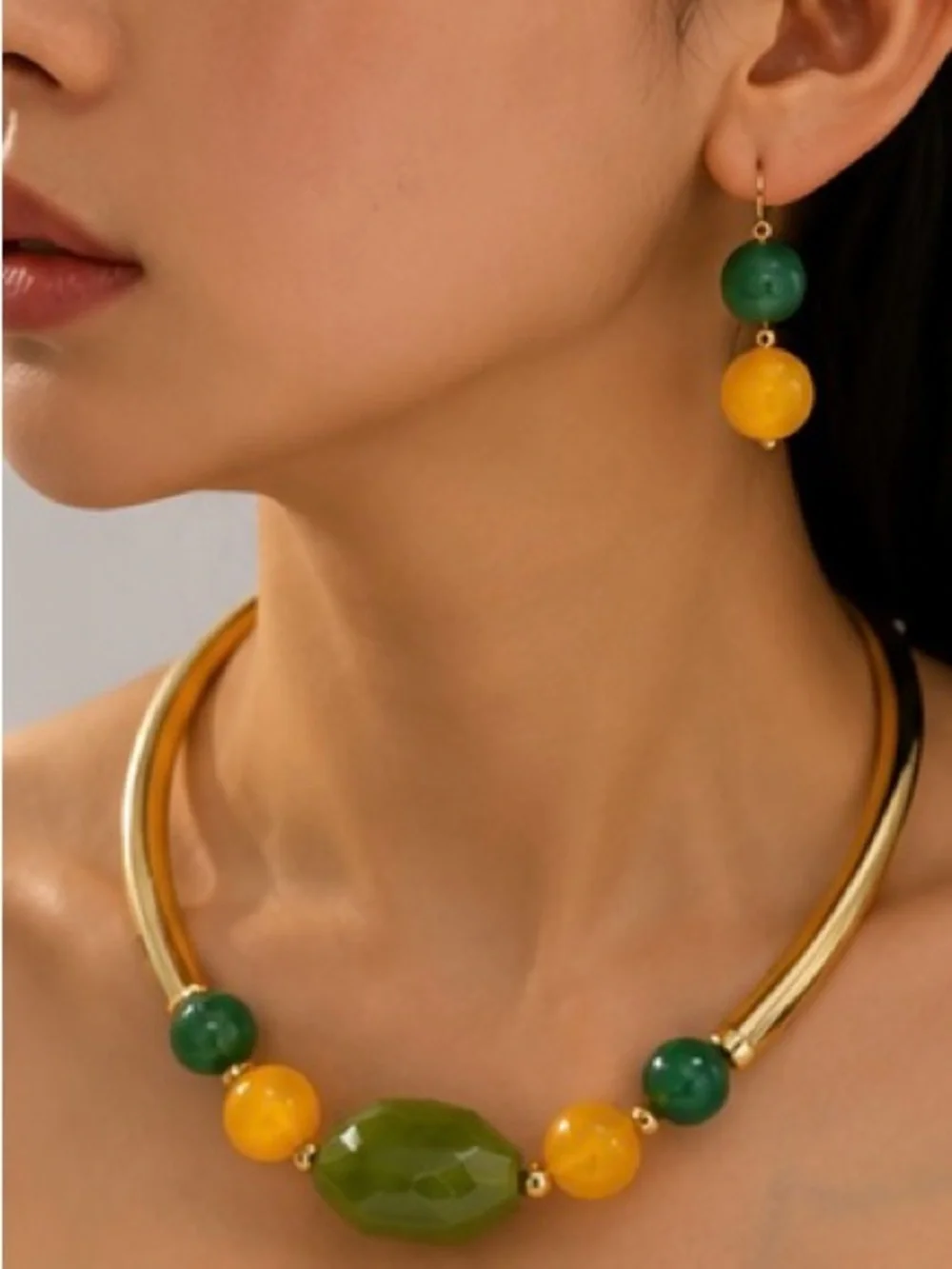 Anthropologie Green and Yellow Beaded Necklace with Matching Earrings